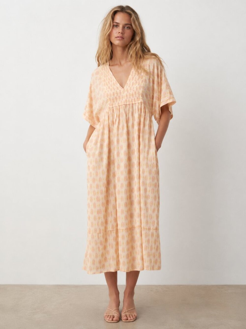 Zara  Oversized V Neck Kaftan Midi Dress NWT Yellow Pink Size XS